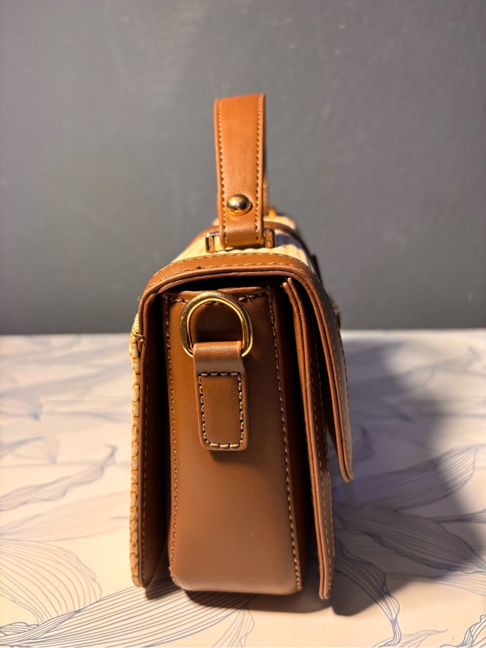 Woven Straw Top-Handle Bag with Brown Leather Trim - Picture 5 of 9
